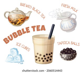 Ingredientes de té burbuja ilustración de dibujos animados aislados en fondo blanco. Icono vector de bebida de té boba, bolas de tapioca, té negro hecho a coser, cubos de hielo y diseño de leche fresca