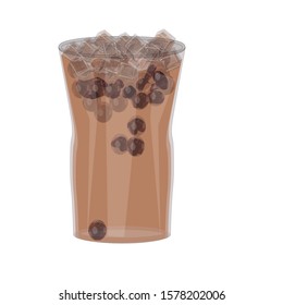Bubble tea isolated on white background. Black pearl milk tea and delicious boba with ice cubes on top. Popular drink Taiwanese famous with black tapioca in glass. Realistic style. Stock vector. EPS