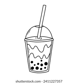 Bubble tea isolated on a white background in doodle style. Vector illustration of smoothie or bubble tea.