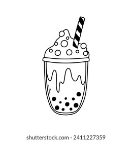 Bubble tea isolated on a white background in doodle style. Vector illustration of smoothie or bubble tea.