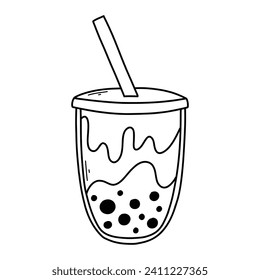 Bubble tea isolated on a white background in doodle style. Vector illustration of smoothie or bubble tea.