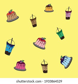 bubble tea with jelly pudding icon on yellow background. jelly pudding with syrup. a cup of boba with straw. hand drawn vector. doodle art for wallpaper, backdrop, fabric, textile, wrapping paper. 