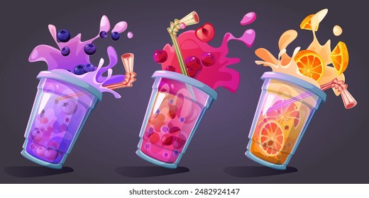 Bubble tea or juice cocktail with fruits and berries, in plastic cups with straw and splashes. Cartoon vector illustration set of cold drink with blueberry and cherry, orange and tapioca balls.