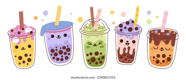 Bubble tea. Kawaii drinks with tapioca pearls. Different tastes cocktails. Refreshing smoothie. Sweet milkshakes. Boba beverages in plastic glasses with lids and straws