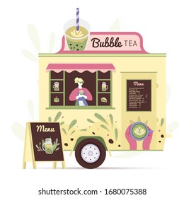 Bubble tea kiosk with Menu stand and young barista behind the counter. Small business identity concept.