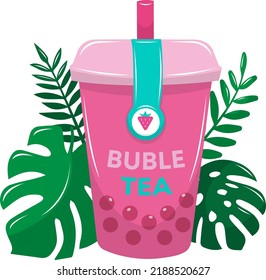 Bubble tea with leaves on the back. Vector image.