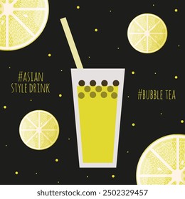 Bubble Tea lemonade with tapioca balls. Trendy asian cold drink. Flat vector illustration can used social media poster flyer cover print. EPS 10