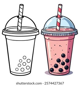 Bubble Tea Line Art Vector Illustration Black and White with Coloring Sample. Bold and Easy Food, Fruits, Sweets, Drinks, Dessert, and Snacks Coloring Pages for Adults and Kids