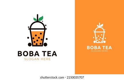 Bubble tea logo. Boba with black pearl icon and leaf icon for the label. Drink cup for beverage identity