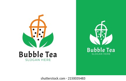 Bubble tea logo design. Boba drinks with leaf and black pearl icon. Milk tea vector illustration