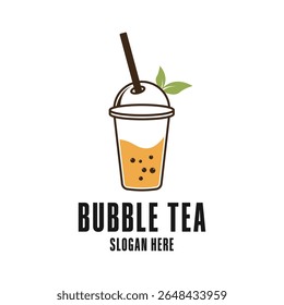 bolha de chá logotipo design conceito com copo de vidro