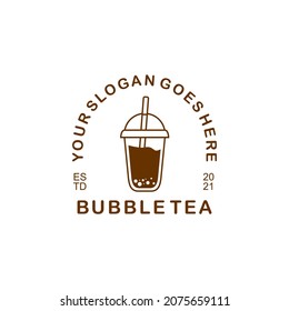 Bubble tea logo illustration designed in a simple but pleasing style with a dark brown color and a white background, solid colours logo, suitable for your business