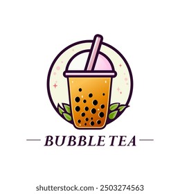 Bubble tea logo vector in circle with white background