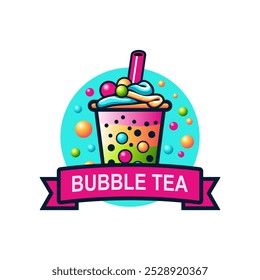 Bubble tea logo vector illustration template. Emblem bubble tea logo. Vector art illustration. Fresh milk tea boba with white background