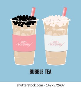 The Bubble Tea with love together style, black and white Pearl milk tea, black pearls is Taiwanese famous and popular cool drink.