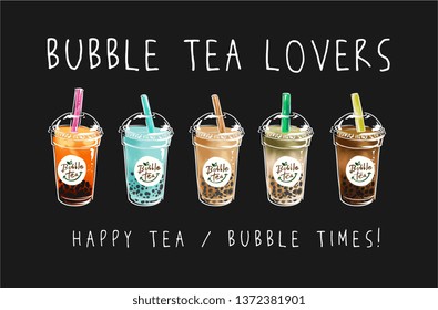 bubble tea loves slogan with bubble tea flavors cartoon illustration