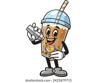 Bubble tea is making a cocktail cartoon mascot illustration character vector clip art hand drawn