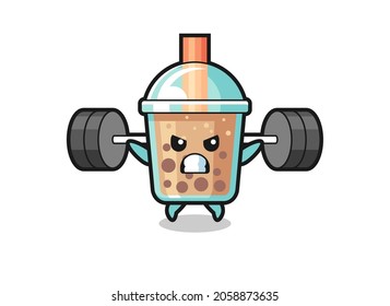 bubble tea mascot cartoon with a barbell , cute style design for t shirt, sticker, logo element