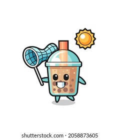 bubble tea mascot illustration is catching butterfly , cute style design for t shirt, sticker, logo element
