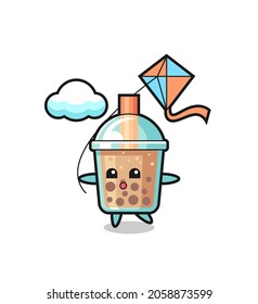 bubble tea mascot illustration is playing kite , cute style design for t shirt, sticker, logo element