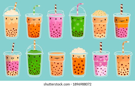 Bubble tea mascots. Cute bubble milk tea, matcha milk and green tea with tapioca pearls. Boba tea cute cartoon characters vector illustration set. Takeaway cups with smiling faces isolated