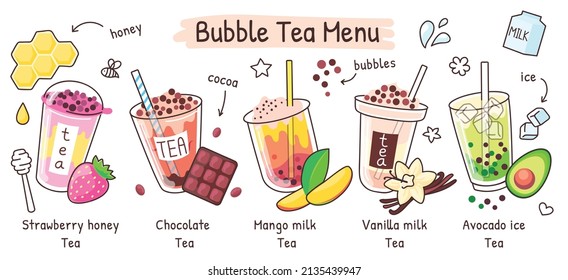 Gebrülltes Teekarte, Boba-Getränk in verschiedenen Geschmacksrichtungen. Sommereis-Tee mit Tapioca-Perlen, Taiwan Perlmilch-Getränke-Shop Vektorgrafik. Köstliche Erfrischung mit Schokolade, Mango, Vanille