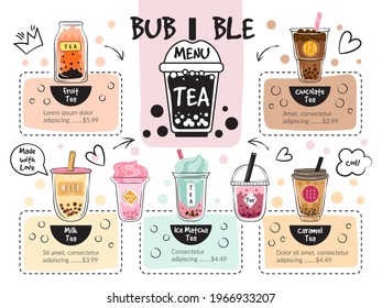 Bubble tea menu. Caffe delicious drinks recent vector restaurant menu