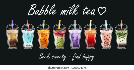 Bubble Tea milk. Cocktail collection. Yummy drinks, coffees and soft drinks with logo and doodle style advertisement banner. Bubble tea vector illustration. Drink set.