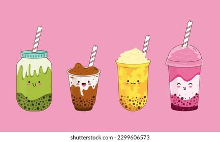 Bubble Tea milk. Cocktail collection. Yummy drinks, coffees and soft drinks. Kawaii  style . Bubble tea vector illustration. Drink set.