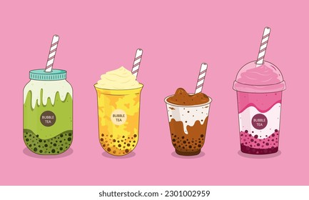 Bubble Tea milk. Cocktail collection. Yummy drinks, Boba milk tea, coffees and soft drinks.  Bubble tea vector illustration. Drink set.
