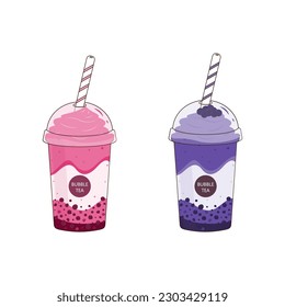 Bubble Tea milk. Cocktail collection. Boba milk tea, strawberry and  blueberries  soft drinks. Yummy drinks. Bubble tea vector illustration. Drink set.