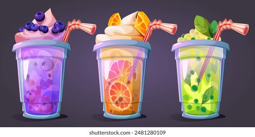 Bubble tea or milk cocktail with fruits and berries, cream top decoration and mint leaves in plastic cups with straw. Cartoon vector set of cold drink with blueberry and orange, chocolate tapioca.