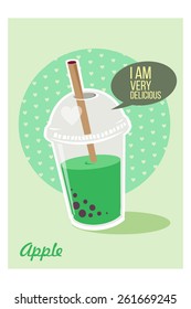 Bubble Tea or Milk Cocktail. Glass of drink with tubule. Vector. Retro illustration of apple bubble tea or milkshake on green background. Can be used for greeting cards, party invitations or menu.