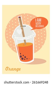 Bubble Tea or Milk Cocktail. Glass of drink with tubule. Vector. Retro illustration of orange bubble tea or milkshake on orange background. Can be used for greeting cards, party invitations or menu. 