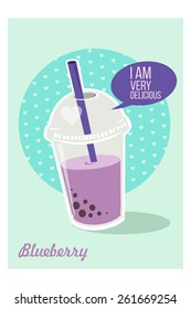 Bubble Tea or Milk Cocktail. Glass of drink with tubule. Vector. Retro illustration of blueberry bubble tea or milkshake on blue background. Can be used for greeting cards, party invitations or menu.