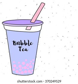 Bubble Tea or Milk Cocktail. Glass of drink with tubule. Retro illustration of bubble tea or milkshake on background. Can be used for greeting cards, party invitations or menu. 