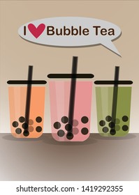 Bubble tea or bubble milk tea with different flavors, I love bubble tea-vector