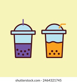 Bubble Tea with Milk Icon Mini Set Vector Flat Design. Drink Colored Symbol Collection. Cold Drink Symbol in Plastic Cup with Tapioca Pearls.