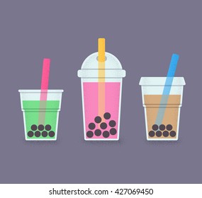 Bubble Tea, milk smoothie with tapioca pearls. Set of drink glasses with straws. Retro style vector illustration of bubble tea or milkshake.