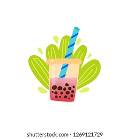 Bubble tea with milk. Tapioca pearls. Cartoon vector.