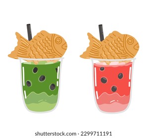 Bubble tea with milk. Milk tea with tapioca pearls. Asian Taiwanese drink. Taiyaki dessert

