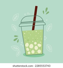 Bubble tea mint lemonade on cup with lid and straw.