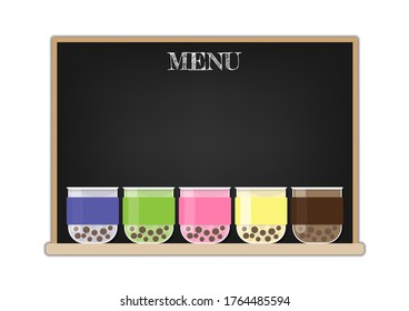 Bubble tea mug y menú blackboard diseño vectorial de fondo plano.