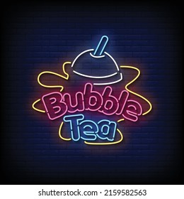 Bubble Tea Neon Sign On Brick Wall Background Vector