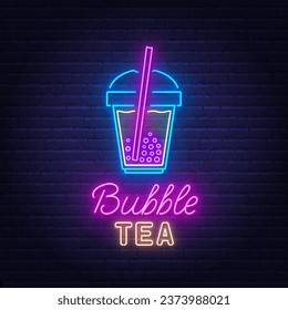 Bubble Tea neon sign on brick wall background.