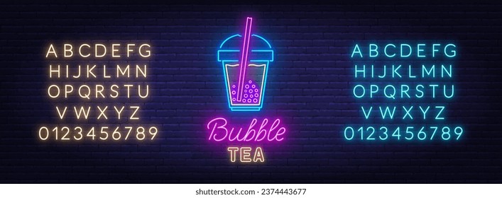 Bubble Tea neon sign on brick wall background. Blue and yellow neon alphabets