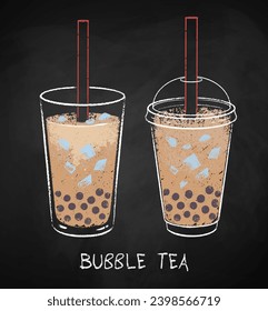 Bubble tea on black chalkboard background. Vector chalk drawn sideview grunge illustration.