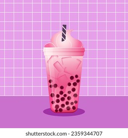 Bubble tea on purple background. Vector illustration of pink boba tea with tapioca and ice. Summer refreshing takeaway beverage.