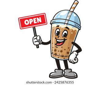 Bubble tea with open sign board cartoon mascot illustration character vector clip art hand drawn