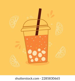 Bubble tea orange lemonade on cup with lid and straw